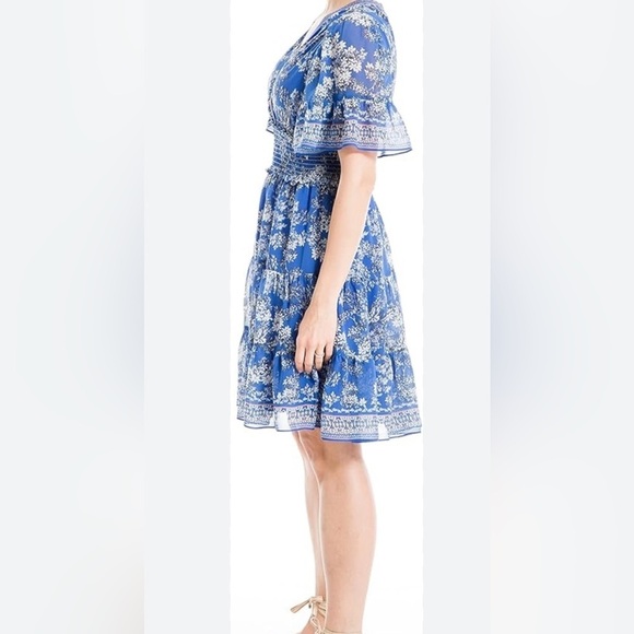 MAX STUDIO NWT Blue Floral Smocked Flutter Sleeve Dress Sz XS $138 - Picture 3 of 6